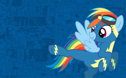 Size: 1920x1200 | Tagged: safe, artist:90sigma, artist:kayman13, derpibooru import, rainbow dash, pegasus, pony, bully, bully (video game), clothes, goggles, kick, smiling, uniform, wings, wonderbolts uniform