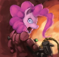 Size: 2999x2932 | Tagged: safe, artist:redustheriotact, pinkie pie, anthro, angry, angry pie, armor, fire, gun, looking back, machine gun, rage face, science fiction, solo, war face