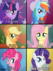 Size: 2184x2893 | Tagged: safe, artist:banquo0, derpibooru import, applejack, fluttershy, pinkie pie, rainbow dash, rarity, twilight sparkle, alicorn, earth pony, pegasus, pony, unicorn, end of ponies, mane six, text, thank you