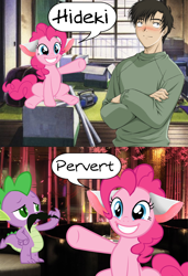 Size: 598x872 | Tagged: safe, pinkie pie, spike, dragon, earth pony, pony, anime, chii, chobits, moustache, pervert, shoujo