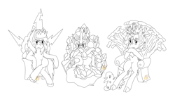 Size: 3608x2096 | Tagged: safe, artist:midnightfire1222, derpibooru import, king sombra, oc, oc only, oc:arc flash, oc:song shard, kirin, pegasus, pony, unicorn, commission, crowns, kings, lineart, thrones