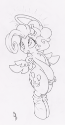 Size: 523x1000 | Tagged: safe, artist:dfectivedvice, pinkie pie, angel, earth pony, pony, clothes, cookie, grayscale, halo, monochrome, socks, solo, traditional art, wings