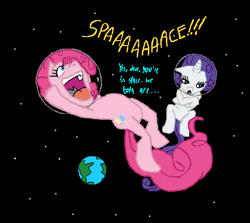 Size: 499x445 | Tagged: artist needed, safe, pinkie pie, rarity, earth pony, pony, unicorn, earth, helmet, planet, portal 2, spaaaaaace, space, stars