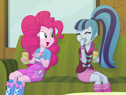 Size: 1064x804 | Tagged: safe, artist:carnifex, pinkie pie, sonata dusk, equestria girls, 7-eleven, clothes, duo, laughing, ponytail, sitting, skirt, slurpee, sofa