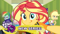 Size: 1280x720 | Tagged: safe, screencap, applejack, fluttershy, rainbow dash, rarity, sunset shimmer, better together, do it for the ponygram!, equestria girls, canterlot high, cute, equestria girls logo, shimmerbetes, tongue out, youtube, youtube link in the description, youtube thumbnail