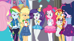 Size: 1600x900 | Tagged: safe, derpibooru import, edit, edited screencap, screencap, applejack, fluttershy, opalescence, pinkie pie, rainbow dash, rarity, sci-twi, spike, spike the regular dog, sunset shimmer, twilight sparkle, cat, dog, better together, equestria girls, fomo, bracelet, clothes, cowboy hat, denim skirt, dress, female, geode of shielding, geode of sugar bombs, geode of super speed, geode of super strength, happy, hat, humane five, humane seven, humane six, jewelry, legs, magical geodes, miniskirt, pantyhose, party hat, rarithighs, rarity's bedroom, schrödinger's pantsu, sexy, skirt, stetson, thighs