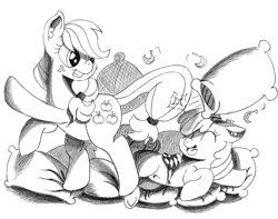 Size: 3800x3000 | Tagged: safe, artist:mark-terron, apple bloom, applejack, earth pony, pony, grayscale, grin, laughing, monochrome, pillow fight, rearing, sisters, traditional art