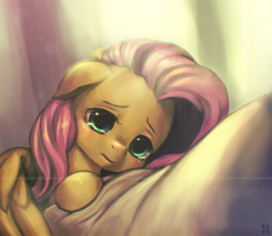 Size: 2278x1977 | Tagged: safe, artist:mrs1989, fluttershy, pegasus, pony, crying, cute, floppy ears, pillow, solo