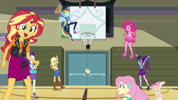 Size: 1920x1080 | Tagged: safe, screencap, applejack, fluttershy, pinkie pie, rainbow dash, rarity, sci-twi, sunset shimmer, twilight sparkle, do it for the ponygram!, equestria girls, equestria girls series, spoiler:eqg series (season 2), basketball, basketball net, bleachers, canterlot high, converse, epic win, geode of empathy, geode of shielding, geode of sugar bombs, geode of super speed, geode of super strength, geode of telekinesis, gym, magic, magical geodes, nailed it, ponied up, shoes, sneakers, sports, volleyball