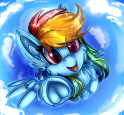 Size: 1256x1170 | Tagged: safe, artist:deraniel, derpibooru import, rainbow dash, pegasus, pony, cheek fluff, cloud, cute, dashabetes, ear fluff, eye clipping through hair, flying, frog (hoof), happy, looking at you, open mouth, sky, solo