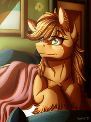 Size: 900x1200 | Tagged: safe, artist:inuhoshi-to-darkpen, applejack, earth pony, pony, bed, bed mane, cheek fluff, chest fluff, ear fluff, female, fluffy, freckles, mare, morning ponies, solo, unshorn fetlocks