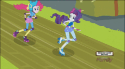 Size: 652x362 | Tagged: safe, screencap, pinkie pie, rarity, equestria girls, friendship games, animated, roller derby, roller skates, sporty style, super strength, teamwork