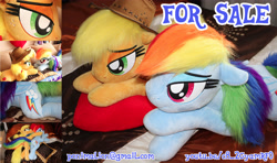 Size: 4320x2560 | Tagged: safe, artist:ponimalion, derpibooru import, applejack, rainbow dash, pegasus, pony, bed, bedroom eyes, female, folded wings, freckles, hat, irl, life size, lying, lying on bed, mare, photo, plushie, sofa, sofa bed, wings