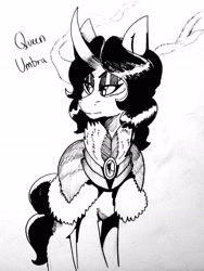 Size: 2448x3264 | Tagged: safe, artist:solratic, derpibooru import, king sombra, queen umbra, pony, inktober, inktober 2019, monochrome, rule 63, solo, sombra eyes