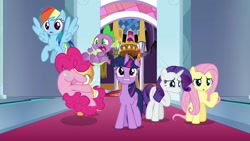 Size: 1280x720 | Tagged: safe, derpibooru import, screencap, applejack, fluttershy, pinkie pie, rainbow dash, rarity, spike, twilight sparkle, twilight sparkle (alicorn), alicorn, dragon, earth pony, pegasus, pony, unicorn, the beginning of the end, canterlot throne room, claws, cutie mark, falling, female, male, mane seven, mane six, mare, winged spike, wings