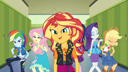 Size: 1920x1080 | Tagged: safe, screencap, applejack, fluttershy, rainbow dash, rarity, sci-twi, sunset shimmer, twilight sparkle, better together, do it for the ponygram!, equestria girls, applejack's hat, bracelet, canterlot high, clothes, cowboy hat, denim skirt, eyes closed, eyeshadow, female, geode of empathy, geode of fauna, geode of shielding, geode of super speed, geode of super strength, group photo, hallway, hat, jewelry, lidded eyes, lockers, looking at you, magical geodes, makeup, nervous, open mouth, pencil skirt, playing with hair, sextet, skirt, smiling