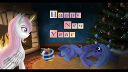 Size: 3920x2205 | Tagged: safe, artist:dezdark, princess celestia, princess luna, alicorn, pony, christmas tree, fireplace, happy new year, magic, present, royal sisters, s1 luna, tree