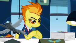 Size: 524x301 | Tagged: safe, derpibooru import, screencap, spitfire, wonderbolts academy, animation error, desk, drill sergeant, female, hooves together, lamp, mare, office, paperwork, raised eyebrow, solo, window