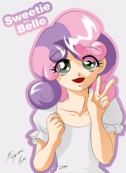 Size: 2550x3480 | Tagged: safe, artist:shinta-girl, sweetie belle, human, clothes, female, high res, humanized, peace sign, solo