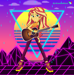 Size: 5000x5073 | Tagged: safe, artist:keronianniroro, sunset shimmer, better together, equestria girls, let it rain, 80s, acoustic guitar, boots, clothes, female, guitar, musical instrument, outrun, rain, retrowave, shoes, signature, sleeveless, smiling, solo, sun, synthwave, triangle, vector