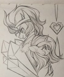 Size: 1328x1592 | Tagged: source needed, useless source url, safe, artist:wkirin, derpibooru import, idw, king sombra, radiant hope, pony, unicorn, black and white, crystal heart, grayscale, monochrome, traditional art