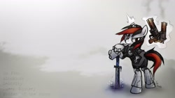 Size: 1920x1080 | Tagged: safe, artist:fore-trekker, derpibooru import, oc, oc only, oc:blackjack, cyborg, pony, unicorn, fallout equestria, fallout equestria: project horizons, dual wield, gun, level 1 (project horizons), plot, queen whiskey, revolver, solo, sword, wallpaper, warrior, weapon