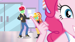 Size: 1920x1080 | Tagged: safe, screencap, flash sentry, pinkie pie, sunset shimmer, do it for the ponygram!, equestria girls, equestria girls series, spoiler:eqg series (season 2), barbershop pole, canterlot mall, converse, cupcake, female, food, frosting, glass door, magic cupcake touch, male, orange creamsicle cupcake, raspberry ganache cupcake, shoes, sneakers