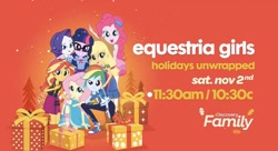 Size: 1449x790 | Tagged: safe, derpibooru import, screencap, applejack, fluttershy, pinkie pie, rainbow dash, rarity, sci-twi, sunset shimmer, twilight sparkle, better together, equestria girls, holidays unwrapped, discovery family, discovery family logo, humane five, humane seven, humane six, pony history, promo