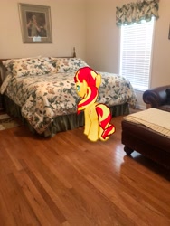 Size: 3024x4032 | Tagged: safe, photographer:undeadponysoldier, sunset shimmer, pony, unicorn, augmented reality, bed, bedroom, bust, female, foot rest, gameloft, irl, mare, photo, ponies in real life, portrait, solo