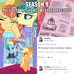 Size: 600x600 | Tagged: safe, derpibooru import, edit, edited screencap, screencap, applejack, aunt holiday, auntie lofty, bon bon, lyra heartstrings, rainbow dash, sunset shimmer, sweetie drops, earth pony, pegasus, pony, equestria girls, the last crusade, the last problem, appledash, argument in the comments, canon, caption, cropped, female, granny smith's scarf, image macro, implied bisexual, implied lesbian, katrina hadley, lesbian, lofty day, lyrabon, meta, newspaper, older, older applejack, older rainbow dash, shipping, shipping fuel, text, twitter