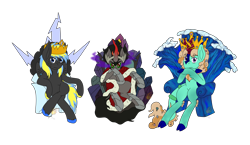 Size: 3608x2096 | Tagged: safe, artist:midnightfire1222, derpibooru import, king sombra, oc, oc:arc flash, oc:song shard, kirin, pegasus, pony, unicorn, cloven hooves, commission, crown, flat color, jewelry, kirin oc, male, regalia, simple background, sitting, sombra eyes, stallion, throne, transparent background, unshorn fetlocks