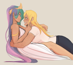 Size: 1280x1145 | Tagged: safe, artist:mlp-hearts, applejack, princess celestia, human, applelestia, clothes, dress, female, freckles, hug, humanized, lesbian, loose hair, lying down, on back, shipping, smiling, stroking