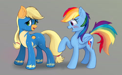 Size: 3679x2272 | Tagged: safe, artist:xbi, derpibooru import, applejack, rainbow dash, earth pony, pegasus, pony, applejack can't fly, blushing, clothes, duo, ear fluff, female, gradient background, mare, open mouth, raised hoof, uniform, wonderbolts uniform