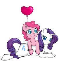 Size: 808x1000 | Tagged: safe, artist:ladykochou, pinkie pie, rarity, earth pony, pony, unicorn, balloon, female, heart balloon, lesbian, raripie, shipping, simple background, transparent background