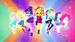 Size: 1920x1080 | Tagged: safe, screencap, applejack, fluttershy, pinkie pie, rainbow dash, rarity, sci-twi, sunset shimmer, twilight sparkle, better together, cheer you on, equestria girls, colorful background, discovery family logo, eyes closed, fluttershy boho dress, geode of empathy, geode of fauna, geode of shielding, geode of sugar bombs, geode of super speed, geode of super strength, geode of telekinesis, humane five, humane seven, humane six, jewelry, magical geodes, necklace, pencil skirt, pendant, polo shirt, rah rah skirt, rarity peplum dress, skirt, sleeveless, tanktop, transformation