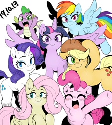 Size: 1156x1286 | Tagged: safe, artist:nekubi, derpibooru import, applejack, fluttershy, pinkie pie, rainbow dash, rarity, spike, twilight sparkle, twilight sparkle (alicorn), alicorn, dragon, earth pony, pegasus, pony, unicorn, cowboy hat, cute, female, flying, happy birthday mlp:fim, hat, looking at you, male, mane seven, mane six, mare, mlp fim's ninth anniversary, one eye closed, open mouth, simple background, spread wings, white background