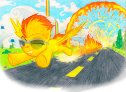 Size: 3393x2472 | Tagged: safe, artist:kairoseed, derpibooru import, spitfire, flying, solo, sonic rainboom, sonic xboom, sunglasses, traditional art