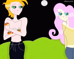 Size: 4100x3296 | Tagged: safe, big macintosh, fluttershy, human, belly button, blushing, clothes, female, fluttermac, humanized, jeans, male, midriff, moon, night, shipping, straight, sweet apple acres, topless, zap apple