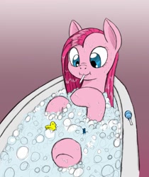 Size: 1075x1280 | Tagged: safe, artist:trickydick, pinkie pie, earth pony, pony, bath, bathtub, candy, cute, cuteamena, lollipop, pinkamena diane pie, solo