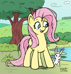 Size: 3691x3840 | Tagged: safe, artist:corsairsedge, angel bunny, fluttershy, pegasus, pony, rabbit, female, mare, pet, pink mane, yellow coat