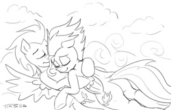 Size: 1115x717 | Tagged: safe, artist:pluckyninja, derpibooru import, soarin', spitfire, cloud, cloudy, female, male, shipping, sleeping, soarinfire, straight