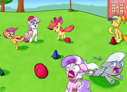 Size: 3300x2400 | Tagged: safe, artist:paradigmpizza, derpibooru import, apple bloom, diamond tiara, scootaloo, silver spoon, spitfire, sweetie belle, baseball cap, cutie mark crusaders, dodgeball, glasses, hat, ponytail, whistle