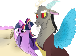 Size: 1024x746 | Tagged: dead source, safe, artist:silcybell, derpibooru import, discord, twilight sparkle, twilight sparkle (alicorn), alicorn, pony, female, mare, scroll