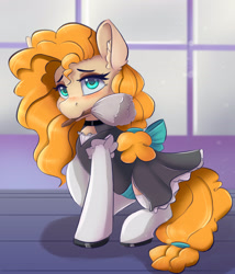 Size: 2400x2800 | Tagged: safe, artist:ardail, pear butter, earth pony, pony, bowtie, clothes, commission, cute, duster, ear fluff, female, high res, looking at you, maid, maid headdress, mare, mouth hold, solo, stockings, thigh highs