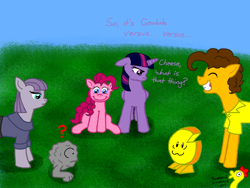 Size: 800x600 | Tagged: safe, artist:crazynutbob, derpibooru import, boneless, boneless 2, cheese sandwich, maud pie, pinkie pie, twilight sparkle, twilight sparkle (alicorn), alicorn, earth pony, pony, :3, c:, cheese, cheese wheel, confused, dialogue, eyes closed, female, fight, floppy ears, frown, geodude, grin, lidded eyes, male, mare, outdoors, pokémon, pokémon battle, question mark, smiling, squee, stallion, text, wat, wide eyes