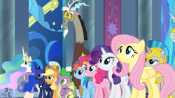 Size: 851x476 | Tagged: safe, derpibooru import, screencap, applejack, discord, fluttershy, pinkie pie, princess celestia, princess luna, rainbow dash, rarity, spike, alicorn, draconequus, dragon, earth pony, pegasus, pony, unicorn, the ending of the end, applejack's hat, canterlot castle, cowboy hat, crown, female, folded wings, freckles, guardsmare, hat, jewelry, male, mare, regalia, royal guard, smiling, winged spike, wings