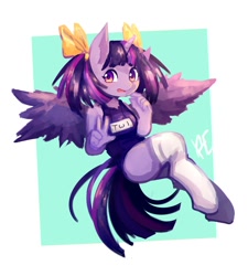 Size: 1800x2000 | Tagged: safe, artist:sharkehchas, twilight sparkle, twilight sparkle (alicorn), alicorn, anthro, unguligrade anthro, abstract background, alternate hairstyle, bow, clothes, cute, female, hair bow, mare, one-piece swimsuit, peace sign, pigtails, socks, solo, swimsuit, thigh highs, twiabetes