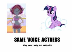 Size: 876x641 | Tagged: safe, derpibooru import, twilight sparkle, twilight sparkle (alicorn), alicorn, pony, bravest warriors, exploitable meme, female, mare, meme, plum, same voice actor, tara strong