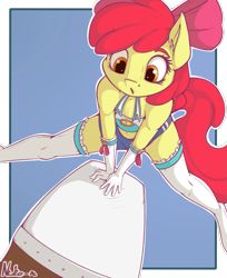 Size: 977x1200 | Tagged: safe, artist:neko-me, apple bloom, anthro, earth pony, unguligrade anthro, action pose, apple bloomed, apple bloomers, bandeau, belly button, bow, breasts, clothes, female, gloves, hair bow, long gloves, midriff, older, shorts, socks, solo, stockings, thigh highs