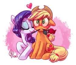 Size: 1280x1097 | Tagged: safe, artist:whitediamonds, applejack, rarity, earth pony, pony, unicorn, blushing, cute, eyes closed, female, floppy ears, hat, heart, jackabetes, lesbian, mare, mouth hold, nuzzling, raised hoof, raribetes, rarijack, rarijack daily, rose, shipping, sitting, smiling, valentine's day, wide eyes